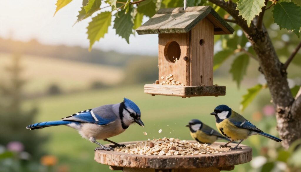 A serene garden scene showcasing a variety of birds happily pecking at a scatter of oatmeal flakes on a wooden bird feeder. In the foreground, a colorful blue jay and a small sparrow demonstrate their interest in the oatmeal, with the blue jay's vibrant feathers contrasting against the softer tones of the sparrow. In the middle-ground, a rustic wooden feeder hangs from a tree branch, surrounded by lush green leaves, creating a natural, inviting space for the birds. The background features a blurred landscape of gentle rolling hills under a warm, golden sunlight, giving the scene a peaceful and inviting atmosphere. Use a soft focus effect for the background to enhance the birds' details. The mood should be cheerful and nurturing, perfect for attracting wildlife. A serene garden scene showcasing a variety of birds happily pecking at a scatter of oatmeal flakes on a wooden bird feeder. In the foreground, a colorful blue jay and a small sparrow demonstrate their interest in the oatmeal, with the blue jay's vibrant feathers contrasting against the softer tones of the sparrow. In the middle-ground, a rustic wooden feeder hangs from a tree branch, surrounded by lush green leaves, creating a natural, inviting space for the birds. The background features a blurred landscape of gentle rolling hills under a warm, golden sunlight, giving the scene a peaceful and inviting atmosphere. Use a soft focus effect for the background to enhance the birds' details. The mood should be cheerful and nurturing, perfect for attracting wildlife.
