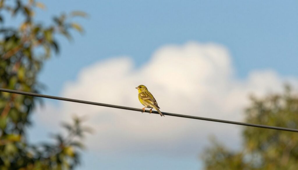 A serene landscape showcasing a perched bird on a single power line against a bright blue sky. The foreground features a small, vibrant bird, such as a sparrow or finch, sitting calmly on the wire, its feathers glistening under the sunlight, showcasing hues of green and yellow. The middle section includes the power line stretching across the frame, accented by delicate branches and leaves from nearby trees. In the background, fluffy white clouds drift lazily, adding to the tranquil atmosphere. The lighting is warm and inviting, reminiscent of a late afternoon sun. Capture the peacefulness of nature while emphasizing the bird's safe position on the power line, illustrating the theme of electrical safety. Ensure a realistic depth of field, focusing on the bird while gently blurring the background.
