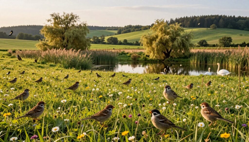 A serene landscape showcasing diverse bird-rich environments in Poland. In the foreground, a lush green meadow filled with wildflowers, where a variety of common birds like sparrows and finches can be seen foraging. In the middle ground, a tranquil pond reflecting the sky, surrounded by reeds and willow trees, serving as a habitat for swans and ducks. In the background, gently rolling hills with patches of forest, where woodpeckers and songbirds nest. The scene is bathed in soft, golden sunlight, creating a warm and inviting atmosphere, with a low-angle perspective that captures the vibrancy of the flora and fauna. The mood is peaceful and harmonious, perfect for illustrating the abundance of birdlife in suitable habitats.