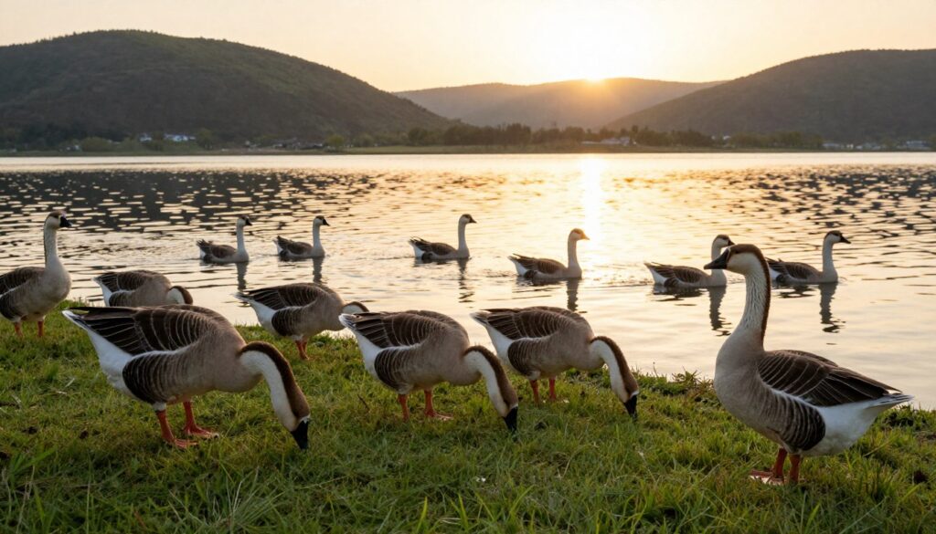 A serene natural setting featuring a flock of mature geese grazing peacefully by a shimmering lake. In the foreground, a few geese nibble on lush green grass, showcasing their distinctive features such as elegant necks and soft plumage. In the middle, a group of geese can be seen swimming gracefully, their reflections rippling on the water surface, while a backdrop of rolling hills enhances the tranquil scene. The sun is low on the horizon, casting a warm golden light that highlights the feathers of the geese and creates soft shadows. The atmosphere is calm and idyllic, evoking a sense of harmony in nature. Capture this peaceful moment with a wide-angle lens to emphasize the beauty of the geese in their natural habitat.