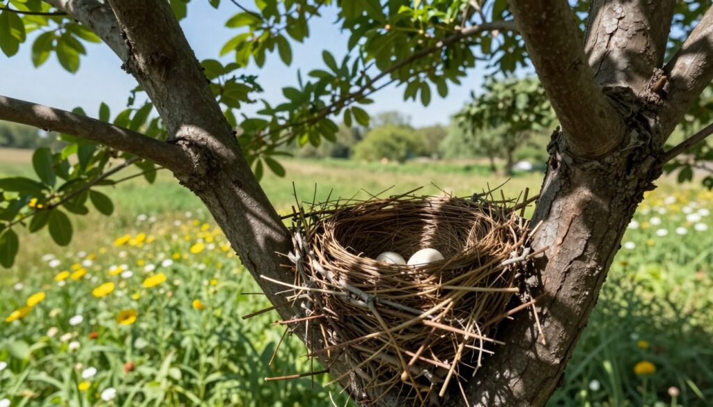 A serene nature scene depicting a bird's nest nestled in the crook of a sturdy tree branch, with soft, natural sunlight filtering through the leaves, casting gentle shadows on the nest. In the foreground, the nest is intricately woven with twigs and grass, and a few delicate eggs are visible inside. The middle ground features lush greenery and blooming wildflowers, adding vibrant colors to the scene. In the background, a clear blue sky hints at the peacefulness of the environment. The focus should evoke a sense of responsibility towards wildlife, highlighting the importance of accessibility to bird habitats while maintaining the beauty of nature. Capture a tranquil and respectful atmosphere, utilizing a wide-angle lens for an expansive view, with gentle, diffused lighting enhancing the soft, inviting mood. A serene nature scene depicting a bird's nest nestled in the crook of a sturdy tree branch, with soft, natural sunlight filtering through the leaves, casting gentle shadows on the nest. In the foreground, the nest is intricately woven with twigs and grass, and a few delicate eggs are visible inside. The middle ground features lush greenery and blooming wildflowers, adding vibrant colors to the scene. In the background, a clear blue sky hints at the peacefulness of the environment. The focus should evoke a sense of responsibility towards wildlife, highlighting the importance of accessibility to bird habitats while maintaining the beauty of nature. Capture a tranquil and respectful atmosphere, utilizing a wide-angle lens for an expansive view, with gentle, diffused lighting enhancing the soft, inviting mood.