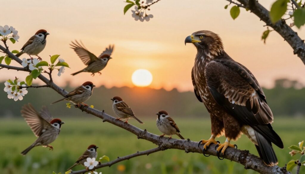 A serene nature scene depicting various bird species in their natural habitats, illustrating the concept of bird longevity. In the foreground, a majestic eagle perched on a branch, symbolizing strength and long life, with a piercing gaze. In the middle, smaller birds like sparrows and finches flutter around a blooming tree, highlighting their shorter lifespan. The background features a vibrant sunset over a lush, green landscape, casting warm golden light, creating a tranquil atmosphere. Capture the vibrant colors and details of the birds' feathers, along with the textures of the tree and leaves. Use a wide-angle lens perspective to emphasize the contrast between the large eagle and smaller birds, showcasing their diverse lifespans visually. The mood should be calm and reflective, inviting viewers to contemplate the subject of avian life expectancy.