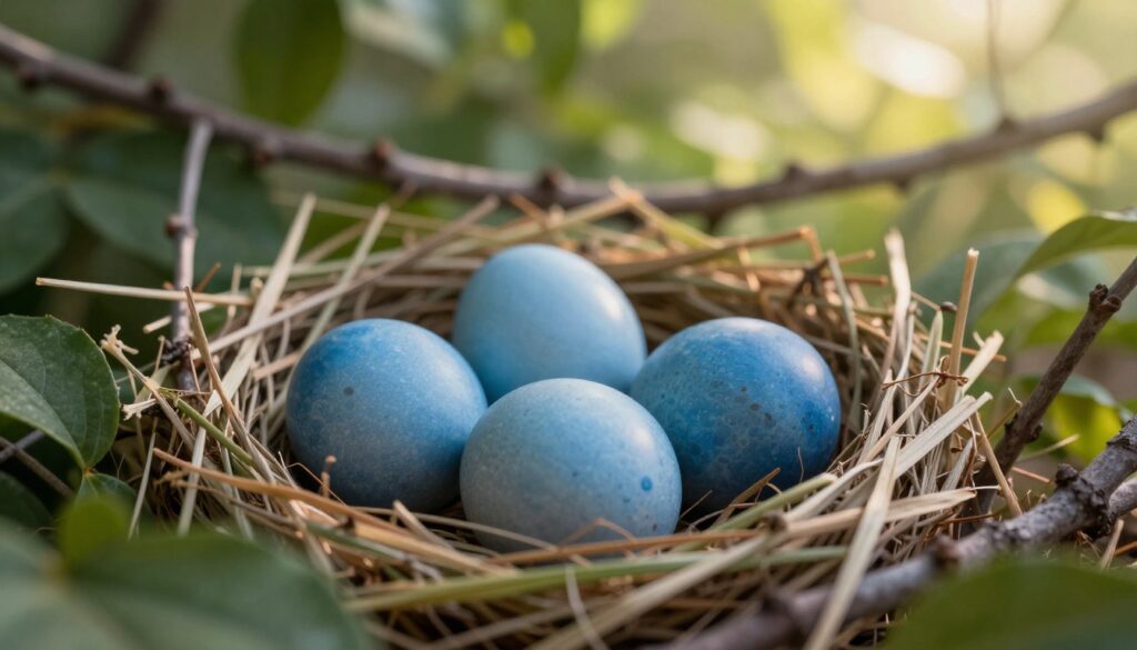 A serene nest in a lush green environment, featuring delicate blue eggs nestled among dried grass and leaves. In the foreground, focus on the intricate textures of the eggshells, capturing their unique blue hues that blend beautifully with the natural materials of the nest. The middle ground showcases softly blurred twigs and foliage, adding depth to the scene. In the background, gentle sunlight filters through the trees, creating a warm, inviting atmosphere. The lighting should highlight the gentle curves of the eggs, emphasizing their role in attracting attention and providing camouflage against predators. The overall mood is peaceful and nurturing, illustrating the beauty of avian nesting behavior. A serene nest in a lush green environment, featuring delicate blue eggs nestled among dried grass and leaves. In the foreground, focus on the intricate textures of the eggshells, capturing their unique blue hues that blend beautifully with the natural materials of the nest. The middle ground showcases softly blurred twigs and foliage, adding depth to the scene. In the background, gentle sunlight filters through the trees, creating a warm, inviting atmosphere. The lighting should highlight the gentle curves of the eggs, emphasizing their role in attracting attention and providing camouflage against predators. The overall mood is peaceful and nurturing, illustrating the beauty of avian nesting behavior.
