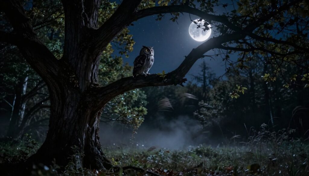 A serene nighttime forest scene illuminated by a silver crescent moon. The foreground features an ancient, gnarled tree with textured bark, its branches silhouetted against the moonlight. Perched on a branch is an owl, its eyes glowing softly as it emits a haunting "hu hu" call. In the middle ground, dense foliage sways gently in the night breeze, adding depth to the setting. The background reveals a dark, starry sky sprinkled with distant stars, enhancing the tranquil atmosphere. Subtle shadows play across the ground, and a soft mist rises, creating a mystical and calming environment. The overall mood should evoke curiosity and wonder, inviting viewers to feel the magic of the night and the sounds of nature.