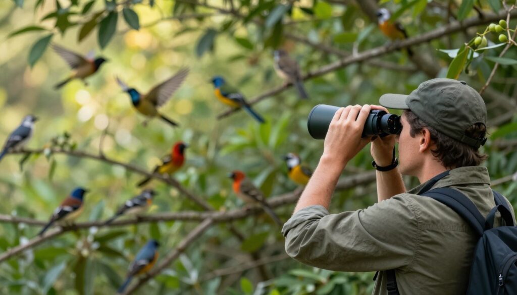 A serene outdoor landscape featuring a birder skillfully observing a small flock of birds through a high-quality pair of binoculars. In the foreground, the birder is dressed in casual outdoor attire, intently positioned with binoculars raised to their eyes. The focus is on the clarity of the scene, showcasing the fine details of the binocular optics reflecting sunlight. In the middle ground, a variety of vibrant birds can be seen perched on branches, adding dynamic movement to the image. The background consists of a lush green forest with soft, dappled sunlight filtering through the leaves, creating a tranquil atmosphere. The overall mood is peaceful and focused, emphasizing the critical aspect of field of view in birdwatching. A serene outdoor landscape featuring a birder skillfully observing a small flock of birds through a high-quality pair of binoculars. In the foreground, the birder is dressed in casual outdoor attire, intently positioned with binoculars raised to their eyes. The focus is on the clarity of the scene, showcasing the fine details of the binocular optics reflecting sunlight. In the middle ground, a variety of vibrant birds can be seen perched on branches, adding dynamic movement to the image. The background consists of a lush green forest with soft, dappled sunlight filtering through the leaves, creating a tranquil atmosphere. The overall mood is peaceful and focused, emphasizing the critical aspect of field of view in birdwatching.