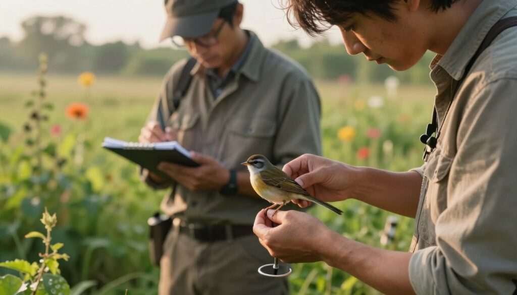 A serene outdoor scene depicting a bird banding process in a natural habitat. In the foreground, a researcher in modest casual clothing gently holds a small songbird, carefully placing a metal band on its leg. The middle layer shows another researcher documenting data in a notebook, while a colorful backdrop of lush greenery and distant trees adds depth to the image. Soft morning light filters through the leaves, creating a warm and inviting atmosphere. The scene captures the essence of wildlife research, emphasizing connection to nature and conservation. The composition should be tranquil yet focused, showcasing the intimate moment of study and observation in avian life.