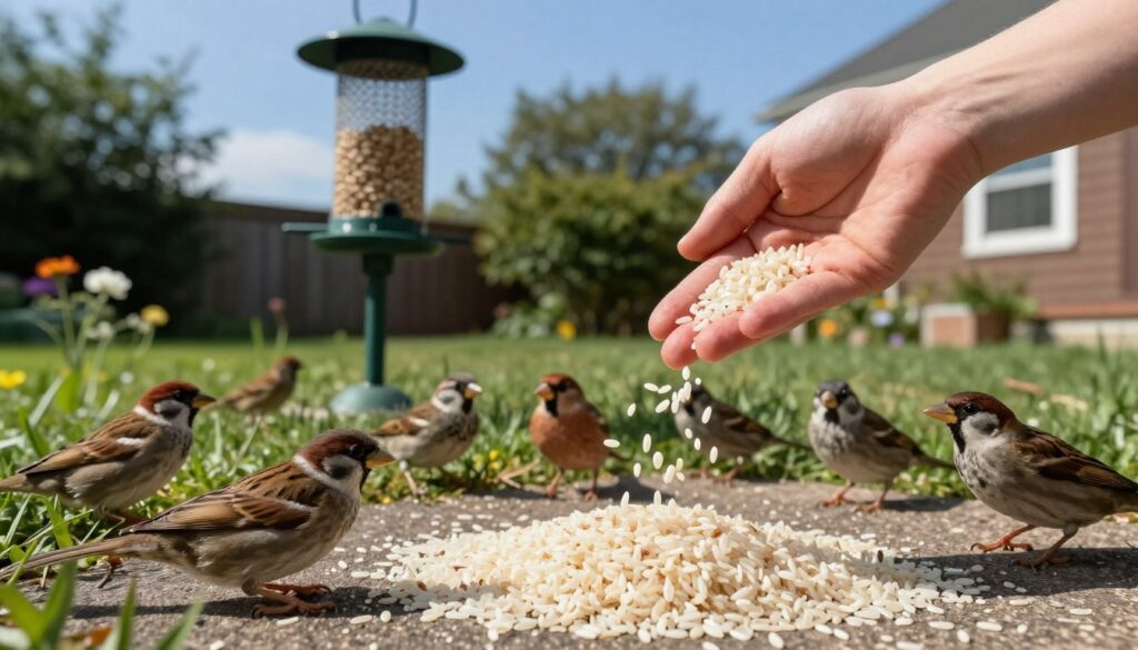A serene outdoor scene depicting a person gently scattering both uncooked and cooked rice for birds in a backyard setting. In the foreground, show a close-up of the person's hand gracefully releasing the grains into the air, with some rice visible on the ground, attracting a diverse group of birds, including sparrows and finches, eagerly pecking at the rice. The middle ground should feature a well-maintained bird feeder nearby, surrounded by lush grass and small flowers, while in the background, a clear blue sky and a few trees provide a peaceful atmosphere. Soft, natural lighting enhances the vibrant colors of the birds and the surrounding nature. Capture the moment from a slightly elevated angle to emphasize the action and interaction between the person and the birds.