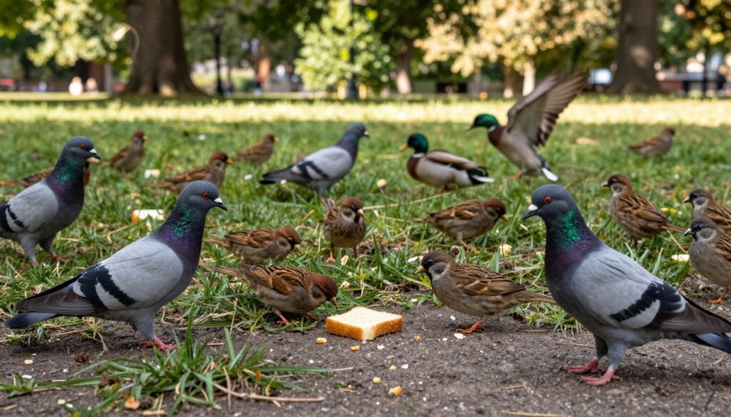 A serene park setting featuring a variety of birds, including pigeons, sparrows, and ducks, foraging for crumbs of bread on a grassy patch. In the foreground, a piece of bread sits untouched on the ground, surrounded by curious birds pecking at the grass. The middle ground displays scattered clusters of birds, with some fluttering slightly, their feathers in various natural colors. The background reveals lush trees with dappled sunlight filtering through the leaves, creating a warm and inviting atmosphere. The image is captured from a slightly elevated angle, offering an intimate glimpse into the birds' interaction with the bread. Soft, natural lighting enhances the peaceful mood of the scene, encouraging contemplation of the relationship between birds and bread.