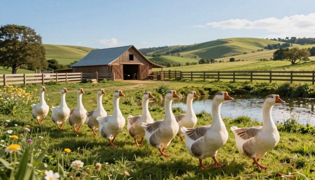 A serene rural farm setting showcasing geese in their natural habitat, lush green pastures and a clear blue sky overhead. In the foreground, a flock of healthy, well-fed domestic geese waddling towards a gentle pond, their feathers glistening in the sunlight. The middle ground features a cozy barn and wooden fences, surrounded by wildflowers, emphasizing an idyllic farm atmosphere. In the background, rolling hills create a peaceful landscape. The lighting is warm, suggesting a late afternoon sun, casting soft shadows. The scene conveys a tranquil and nurturing mood, reflecting the ideal conditions for raising geese, promoting their health and longevity in a safe and comfortable environment.