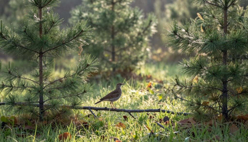 A serene scene depicting a pine forest in the early morning light, showcasing a lush green undergrowth, scattered young trees, and open grassy clearings. In the foreground, a long-legged, slim bird resembling a lark stands gracefully on a low branch, its feathers a mix of earthy browns and soft grays. The middle ground features a softly blurred background of tall pine trees, their needles glistening with morning dew. Gentle rays of sunlight filter through the branches, casting dappled shadows on the forest floor, creating a peaceful and inviting atmosphere. The image captures the essence of nature, emphasizing tranquility and the subtle beauty of wildlife in its habitat, with a focus on the bird’s elegant form and its surroundings.