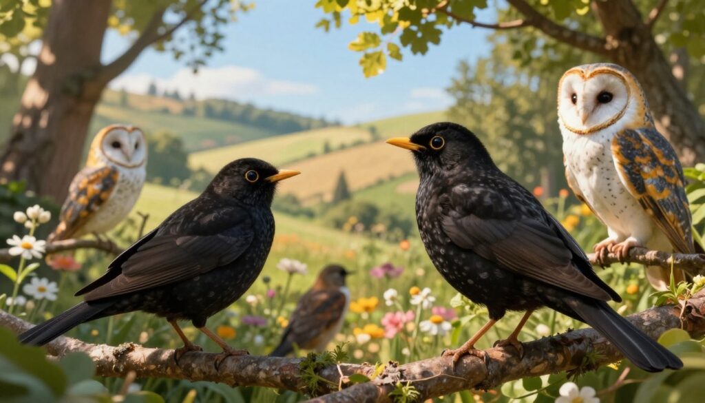 A serene scene depicting various European birds known for their longevity, such as the Eurasian Blackbird, the Common Swift, and the Barn Owl, perched on branches in a lush forest environment. In the foreground, detail the rich textures of their feathers and the glimmer in their eyes, reflecting intelligence and resilience. In the middle ground, show a variety of flowering plants and trees native to Europe, capturing the diversity of their habitat. The background features a soft-focus view of rolling hills under a clear blue sky, with warm, golden sunlight filtering through the leaves, creating dappled light on the forest floor. The atmosphere is tranquil and inviting, evoking a sense of wonder about the long lives of these remarkable birds.