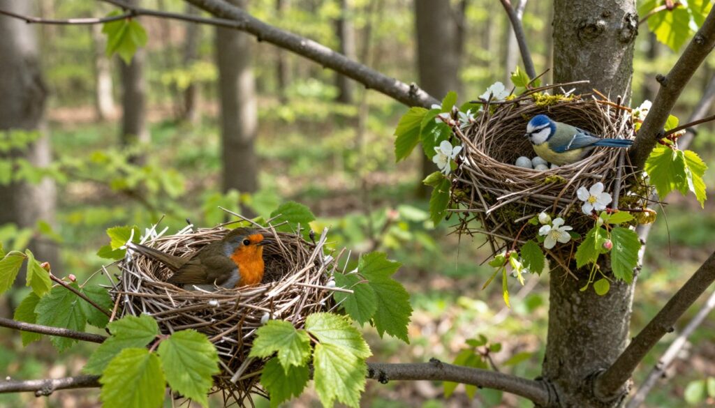 A serene scene depicting various bird nests intricately built in the branches of lush trees native to Poland. In the foreground, showcase a nest designed by a European Robin, made of twigs and moss, nestled within a vibrant green leaf cluster. In the middle ground, include a larger nest of a Eurasian Blue Tit, with visible eggs peeking out, surrounded by budding flowers and delicate leaves. The background features a sun-dappled forest with soft, diffused lighting filtering through the canopy, casting gentle shadows that create a tranquil atmosphere. Capture the essence of springtime, highlighting the intricate details of each nest, while maintaining a focus on their natural habitat. Aim for a photograph-like quality, with a slight depth of field to bring the foreground nests into sharp focus. A serene scene depicting various bird nests intricately built in the branches of lush trees native to Poland. In the foreground, showcase a nest designed by a European Robin, made of twigs and moss, nestled within a vibrant green leaf cluster. In the middle ground, include a larger nest of a Eurasian Blue Tit, with visible eggs peeking out, surrounded by budding flowers and delicate leaves. The background features a sun-dappled forest with soft, diffused lighting filtering through the canopy, casting gentle shadows that create a tranquil atmosphere. Capture the essence of springtime, highlighting the intricate details of each nest, while maintaining a focus on their natural habitat. Aim for a photograph-like quality, with a slight depth of field to bring the foreground nests into sharp focus.