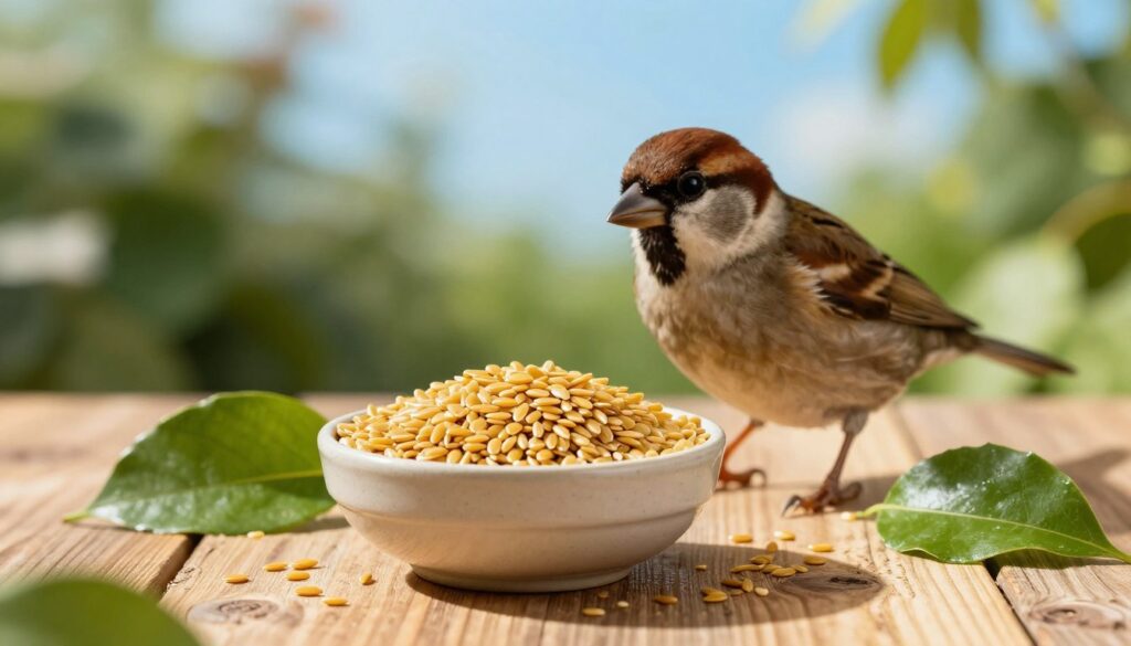A serene scene illustrating the concept of "seed safety" for birds, focusing on flaxseeds. In the foreground, a small bowl of golden flaxseeds sits atop a rustic wooden table, surrounded by vibrant green leaves that suggest the natural environment. In the middle ground, a curious small bird, like a finch or a sparrow, delicately inspects the seeds with a gentle expression, embodying cautious exploration. The background features a soft-focus garden scene, hinting at lush foliage and a bright blue sky, creating a sense of tranquility. The lighting is warm and natural, casting soft shadows and enhancing the golden tones of the flaxseeds. The overall atmosphere is peaceful and inviting, emphasizing the theme of safety and nourishment. A serene scene illustrating the concept of "seed safety" for birds, focusing on flaxseeds. In the foreground, a small bowl of golden flaxseeds sits atop a rustic wooden table, surrounded by vibrant green leaves that suggest the natural environment. In the middle ground, a curious small bird, like a finch or a sparrow, delicately inspects the seeds with a gentle expression, embodying cautious exploration. The background features a soft-focus garden scene, hinting at lush foliage and a bright blue sky, creating a sense of tranquility. The lighting is warm and natural, casting soft shadows and enhancing the golden tones of the flaxseeds. The overall atmosphere is peaceful and inviting, emphasizing the theme of safety and nourishment.