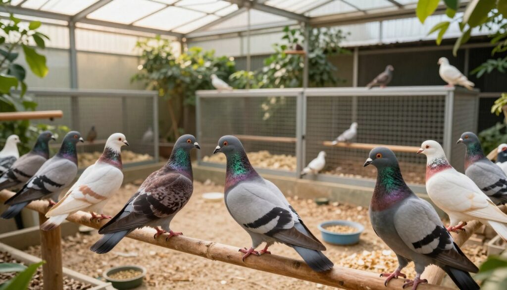 A serene scene showcasing a variety of homing pigeons in a well-maintained aviary. In the foreground, a group of vibrant, healthy pigeons with iridescent feathers, showcasing shades of gray, white, and brown, are perched on wooden perches. The middle ground features clean, spacious enclosures filled with soft bedding and bowls of feed, surrounded by lush greenery. In the background, soft sunlight filters through the aviary's transparent roof, casting warm light that creates a tranquil and inviting atmosphere. The overall mood should evoke a sense of peace and care, reflecting the nurturing environment of domesticated pigeons in controlled living conditions, capturing the essence of their longevity and well-being.