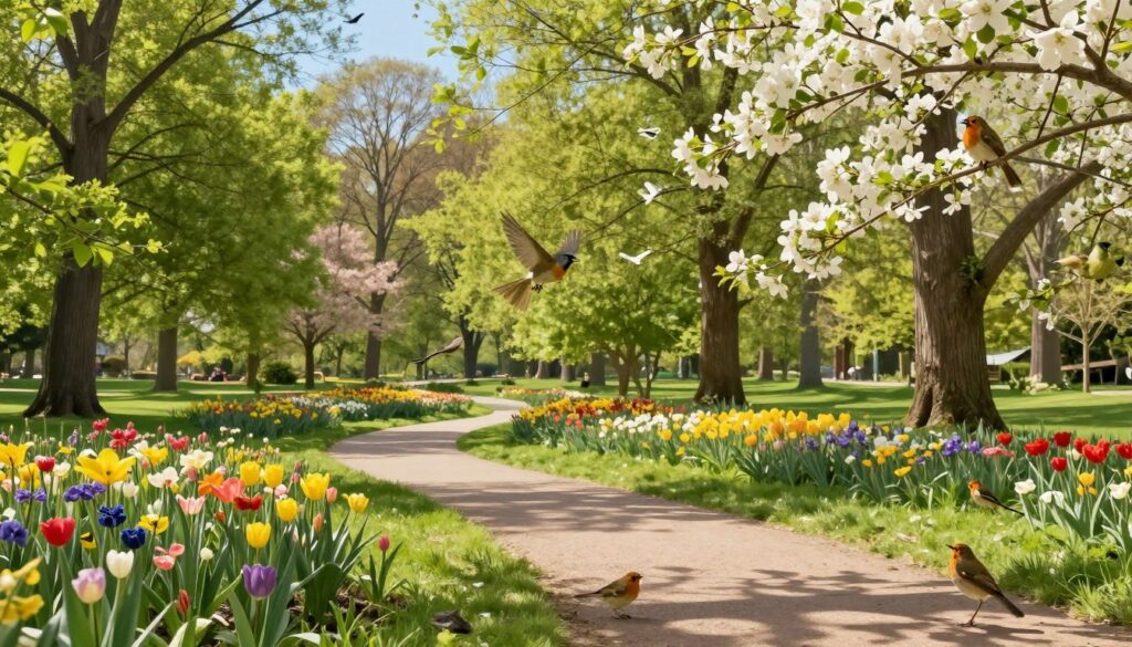 A serene spring scene in a lush park and forest, filled with vibrant greenery and colorful flowers. In the foreground, a variety of birds returning for the season, such as robins, warblers, and finches, are perched on branches and flitting between blossoms. The middle ground features a tranquil pathway meandering through the trees, with soft sunlight filtering through the leaves, casting gentle shadows. In the background, tall trees stand verdantly, their leaves freshly sprouted, under a clear blue sky. The atmosphere is lively and peaceful, capturing the essence of spring's arrival, with birds singing melodiously. The scene is illuminated with soft, warm light, creating a hopeful and rejuvenating mood, as if inviting viewers to step into this vibrant natural sanctuary.