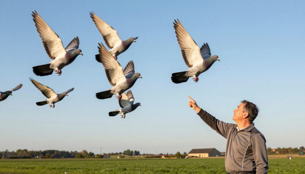 A serene training scene featuring a dedicated trainer and a group of racing pigeons in mid-flight. In the foreground, the trainer, a middle-aged person dressed in modest athletic wear, is signaling to the birds against a clear blue sky. In the middle ground, several pigeons are soaring elegantly, their feathers glinting in the sunlight, showcasing diverse colors and patterns. The background features a peaceful rural landscape, with lush green fields and a distant barn. The overall atmosphere is one of vitality and dedication, emphasizing the health benefits and physical activity of the pigeons. Soft, warm lighting enhances the scene, with a focus on capturing the motion of the birds in a dynamic perspective.