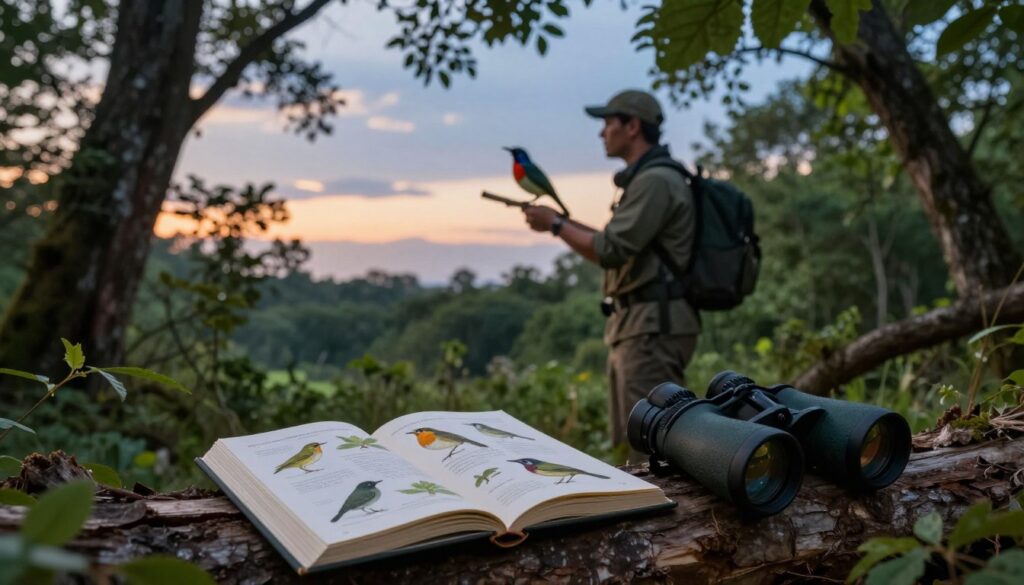 A serene twilight scene in a lush, green forest, with the soft glow of the setting sun filtering through the leaves. In the foreground, a field guidebook lies open on a rustic wooden log, featuring illustrations of various evening-singing birds, such as nightingales and thrushes. A pair of binoculars rests beside the book, hinting at birdwatching activities. In the middle ground, a birdwatcher, dressed in casual, modest clothing, is intently listening, head slightly turned, as a colorful bird perches on a branch, singing its melodious tune. The background features more trees and a tranquil, fading blue sky dotted with soft clouds, creating a peaceful atmosphere. The entire scene exudes a sense of calm and connection with nature, ideal for illustrating the art of identifying birds by their songs in the evening. A serene twilight scene in a lush, green forest, with the soft glow of the setting sun filtering through the leaves. In the foreground, a field guidebook lies open on a rustic wooden log, featuring illustrations of various evening-singing birds, such as nightingales and thrushes. A pair of binoculars rests beside the book, hinting at birdwatching activities. In the middle ground, a birdwatcher, dressed in casual, modest clothing, is intently listening, head slightly turned, as a colorful bird perches on a branch, singing its melodious tune. The background features more trees and a tranquil, fading blue sky dotted with soft clouds, creating a peaceful atmosphere. The entire scene exudes a sense of calm and connection with nature, ideal for illustrating the art of identifying birds by their songs in the evening.
