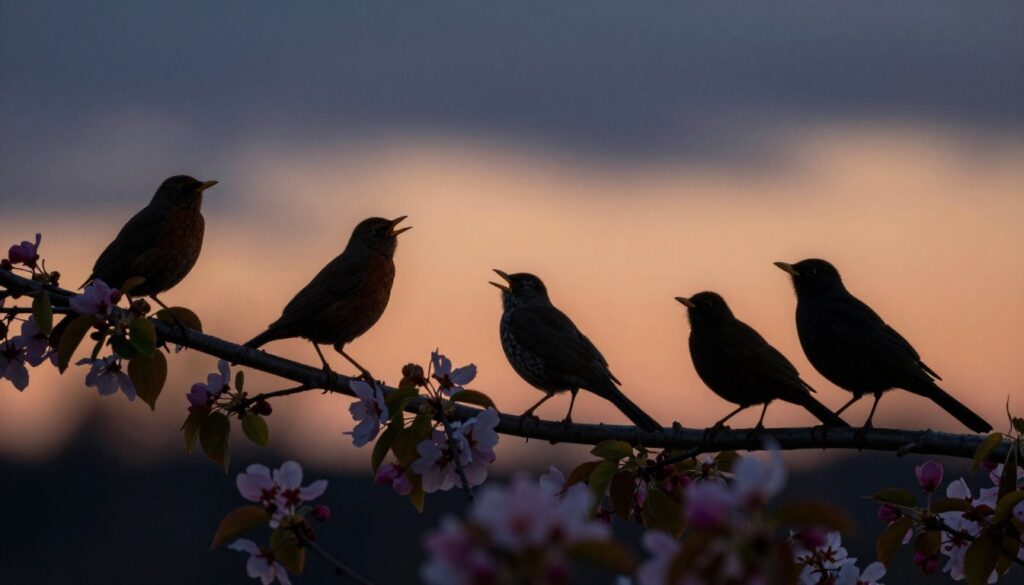 A serene twilight scene showcasing various songbirds perched on branches, filling the air with melodic tunes as dusk descends. The foreground features a vibrant cluster of blooming flowers and delicate leaves, subtly reflecting the fading light. The middle ground includes two or three songbirds, such as the Nightingale and the Common Blackbird, with rich plumage, animatedly singing. In the background, a dusky sky transitions from warm orange to deep blue, with the first stars beginning to appear. Soft, diffused lighting captures the tranquil atmosphere, creating a peaceful, enchanting mood. A shallow depth of field highlights the birds while gently blurring the background. The image should evoke the feeling of a magical evening concert in nature. A serene twilight scene showcasing various songbirds perched on branches, filling the air with melodic tunes as dusk descends. The foreground features a vibrant cluster of blooming flowers and delicate leaves, subtly reflecting the fading light. The middle ground includes two or three songbirds, such as the Nightingale and the Common Blackbird, with rich plumage, animatedly singing. In the background, a dusky sky transitions from warm orange to deep blue, with the first stars beginning to appear. Soft, diffused lighting captures the tranquil atmosphere, creating a peaceful, enchanting mood. A shallow depth of field highlights the birds while gently blurring the background. The image should evoke the feeling of a magical evening concert in nature.
