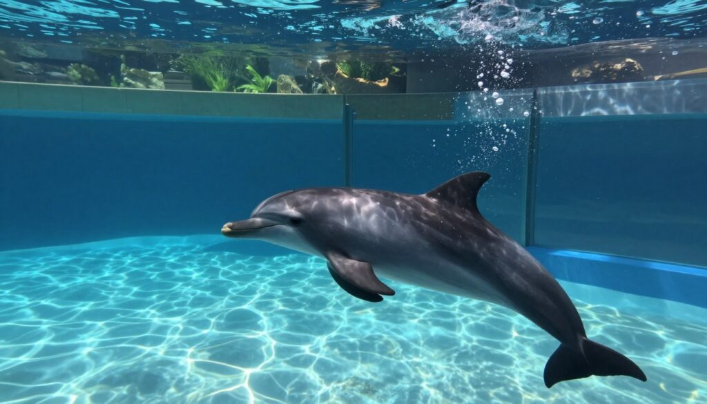 A serene underwater scene featuring dolphins in captivity, illustrating their habitat in a marine park setting. In the foreground, a playful dolphin gracefully swims near a glass enclosure, showing its sleek silhouette and expressive eyes, surrounded by gentle bubbles. In the middle, the structured shapes of the enclosure's walls are visible, accentuated by the soft blue light filtering through the water, casting shimmering patterns on the sand below. In the background, hints of a lush underwater landscape can be seen, with rocks and plants, evoking a sense of the ocean. The overall mood is contemplative and slightly melancholic, emphasizing the contrast between the vibrant life of the dolphin and the constraints of captivity. The lighting is bright yet natural, mimicking daylight as though filtering through clear water, capturing a moment of tranquility and reflection.