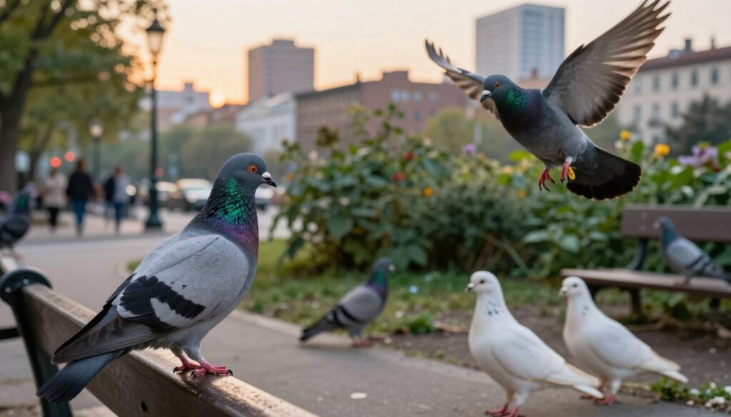 A serene urban setting showcasing different types of pigeons: a city pigeon perched on a park bench with a bustling street in the background, a wild pigeon in a natural park surrounded by greenery, a domestic pigeon in a cozy, well-maintained backyard, and a racing pigeon with a tag on its leg, in mid-flight above the scene. The foreground features detailed feathers and a subtle glint in their eyes, while the middle ground showcases various environments, each subtly blending into the other. The background has a soft-focus city skyline at dusk, with warm golden hour lighting casting a gentle glow. The mood is peaceful and informative, inviting viewers to appreciate the lives of these birds in various environments, highlighting their adaptability and resilience. A serene urban setting showcasing different types of pigeons: a city pigeon perched on a park bench with a bustling street in the background, a wild pigeon in a natural park surrounded by greenery, a domestic pigeon in a cozy, well-maintained backyard, and a racing pigeon with a tag on its leg, in mid-flight above the scene. The foreground features detailed feathers and a subtle glint in their eyes, while the middle ground showcases various environments, each subtly blending into the other. The background has a soft-focus city skyline at dusk, with warm golden hour lighting casting a gentle glow. The mood is peaceful and informative, inviting viewers to appreciate the lives of these birds in various environments, highlighting their adaptability and resilience.