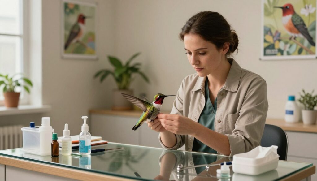 A serene veterinary clinic interior, featuring a professional veterinarian in smart casual attire examining a vibrant, colorful hummingbird. The foreground showcases a glass examination table with tools and care equipment for birds. In the middle, the veterinarian gently holds the hummingbird, demonstrating precise care and attention. The background includes soft, ambient lighting that highlights the natural beauty of the clinic, adorned with plants and posters about bird care. The mood is calm and caring, reflecting professional dedication. A warm color palette emphasizes the compassion of veterinary care, while shadows subtly enhance the depth, adding a quiet yet focused atmosphere to the scene. A serene veterinary clinic interior, featuring a professional veterinarian in smart casual attire examining a vibrant, colorful hummingbird. The foreground showcases a glass examination table with tools and care equipment for birds. In the middle, the veterinarian gently holds the hummingbird, demonstrating precise care and attention. The background includes soft, ambient lighting that highlights the natural beauty of the clinic, adorned with plants and posters about bird care. The mood is calm and caring, reflecting professional dedication. A warm color palette emphasizes the compassion of veterinary care, while shadows subtly enhance the depth, adding a quiet yet focused atmosphere to the scene.