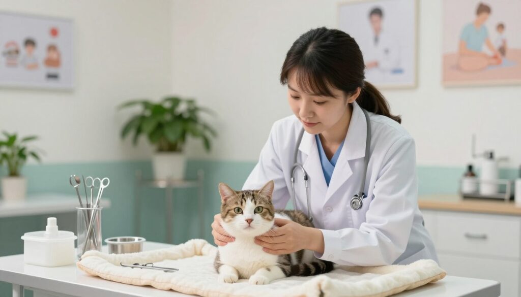 A serene veterinary clinic setting focused on the theme of pet sterilization and castration. In the foreground, a caring veterinarian in a professional white coat is gently examining a domestic cat, with a look of compassion and reassurance. The middle ground shows clean medical equipment, including surgical tools, as well as a comforting bed for the feline patient. The background features soothing colors and soft lighting, with plants and calming images on the walls to evoke a sense of peace and care. The atmosphere is warm and inviting, highlighting the importance of these procedures in promoting the health and longevity of pets. The image should convey a sense of hope and well-being for pets undergoing medical care.