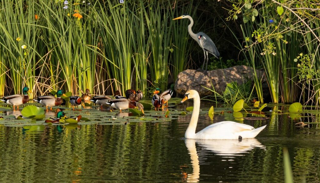 A serene wetland habitat showcasing a variety of water birds, including ducks, swans, and herons. In the foreground, a graceful swan glides across the still water, its reflection mirrored perfectly. The middle layer features a group of ducks foraging at the water's edge, their colorful plumage vibrant against the green reeds. In the background, a heron stands tall on a rocky outcrop, poised and alert. The scene is illuminated by soft, warm sunlight filtering through the trees, casting dappled shadows on the water surface. The atmosphere is tranquil and natural, with gentle ripples in the water creating a sense of movement, while lily pads and wildflowers dot the scene, adding splashes of color. The image captures the essence of waterfowl thriving in their aquatic environment. A serene wetland habitat showcasing a variety of water birds, including ducks, swans, and herons. In the foreground, a graceful swan glides across the still water, its reflection mirrored perfectly. The middle layer features a group of ducks foraging at the water's edge, their colorful plumage vibrant against the green reeds. In the background, a heron stands tall on a rocky outcrop, poised and alert. The scene is illuminated by soft, warm sunlight filtering through the trees, casting dappled shadows on the water surface. The atmosphere is tranquil and natural, with gentle ripples in the water creating a sense of movement, while lily pads and wildflowers dot the scene, adding splashes of color. The image captures the essence of waterfowl thriving in their aquatic environment.