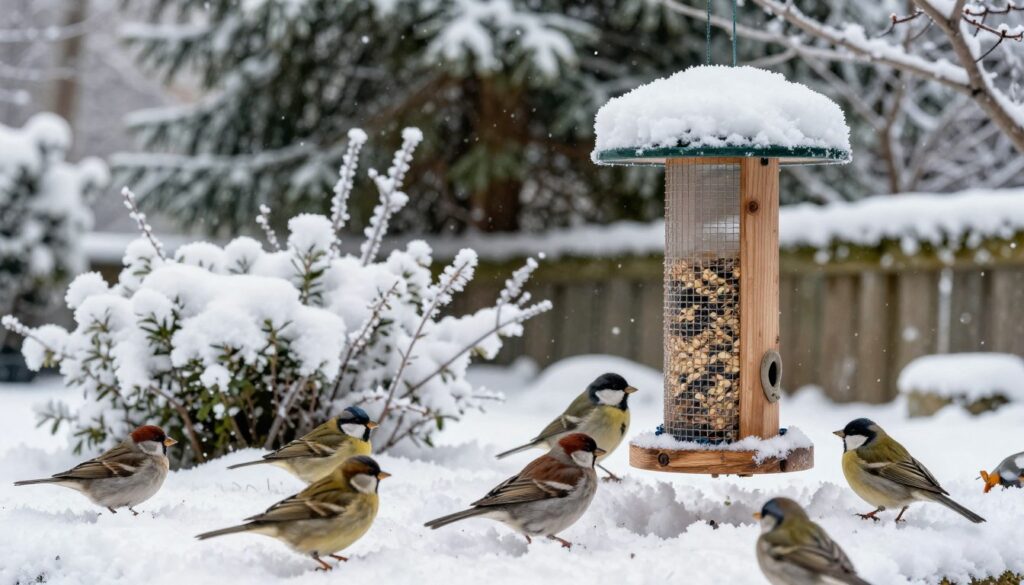 A serene winter garden scene showcasing small birds, such as sparrows and finches, energetically feeding from a wooden bird feeder filled with seeds. In the foreground, the brightly colored birds are perched around the feeder, fluffed up against the cold, surrounded by a gentle layer of fresh snow. The middle ground features snow-covered bushes and frosted branches, creating a cozy atmosphere. In the background, tall evergreen trees rise against a soft, overcast sky, diffusing the natural light and casting a calm ambiance over the scene. Capture the essence of winter nurturing, emphasizing the importance of bird feeding, with a peaceful and heartwarming mood. Use a wide-angle lens perspective for depth and detail, focusing on the birds' interactions with their environment.