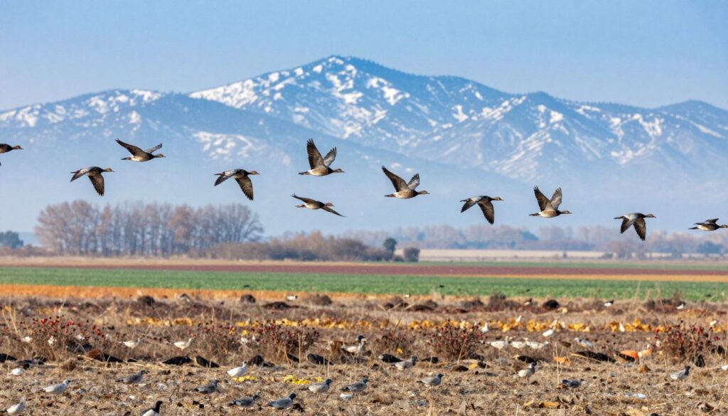 A serene winter landscape depicting migrating birds in the foreground, showcasing a diverse flock of birds in flight, wings spread wide against a crisp blue sky. In the middle ground, a colorful patchwork of fields transitioning from autumn hues to winter bare, with subtle signs of food sources like berries and seeds. The background features distant mountains capped with snow and gently falling snowflakes creating a dreamlike atmosphere. The lighting is soft and diffuse, casting gentle shadows and accentuating the soft textures of the feathers. The mood is one of tranquility and natural instinct, illustrating the complexity of migration beyond just warmth, emphasizing the connection between weather, food, and the innate behaviors of birds.