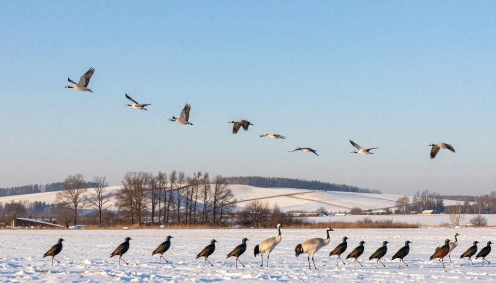 A serene winter landscape featuring a flock of migratory birds taking flight, symbolizing their departure from Poland for warmer climates. In the foreground, a variety of birds, such as starlings and cranes with distinctive markings, spread their wings as they ascend into the clear blue sky. The middle ground showcases snow-covered fields and bare trees, creating a stark contrast against the vibrant colors of the birds. In the background, soft, rolling hills extend into the horizon under a gentle winter sunlight, casting a warm glow. The atmosphere is peaceful and reflective, illustrating the beauty of nature and the migration journey. Ensure the image has a photorealistic style, captured from a low angle to emphasize the birds in flight against the expansive sky.