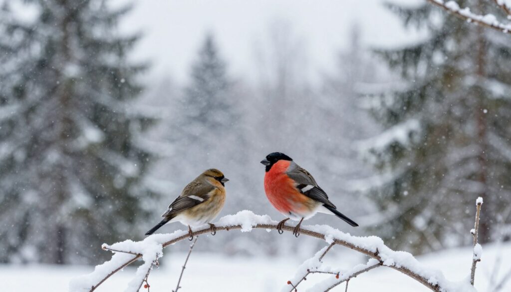 A serene winter landscape in Poland featuring a male and female bullfinch perched on frosted branches. In the foreground, the male bullfinch displays its vibrant red chest, contrasting against the snow-blanketed branches, while the female, with softer hues of brown and grey, is nestled nearby. The middle ground reveals a gentle snowfall, creating a soft, dreamy atmosphere. In the background, a dense forest of pine trees, dusted with snow, hints at suitable habitats these birds prefer. The lighting is soft and diffused, reminiscent of a cloudy winter day, emphasizing the tranquil mood. The perspective is slightly from below, capturing the elegance of the birds against the expansive sky.
