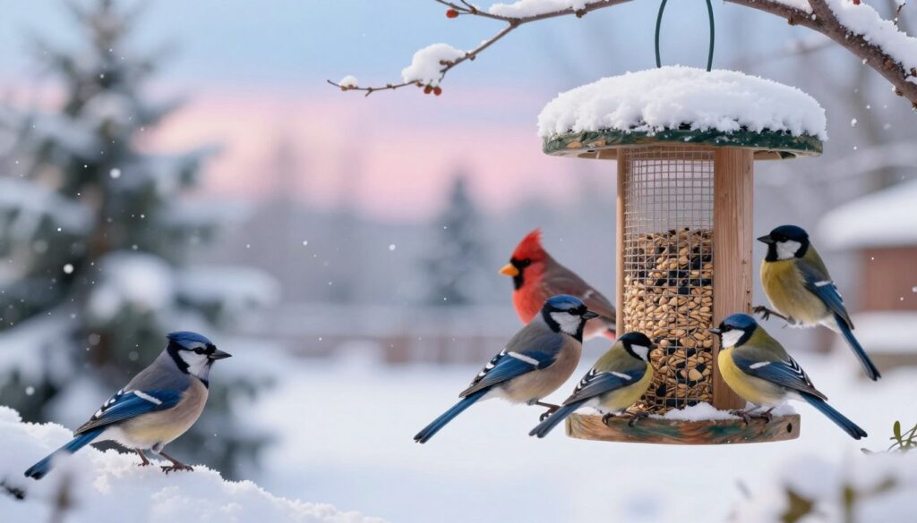 A serene winter scene depicting a variety of colorful birds feeding at a bird feeder in a snow-covered backyard. In the foreground, show a wooden bird feeder adorned with seeds, with birds like blue jays, cardinals, and finches perched nearby, their feathers vivid against the white landscape. In the middle ground, include gently falling snowflakes and soft evergreen trees, their branches dusted with snow. The background features a softly lit sky, tinged with early morning hues of pastel blue and pink, creating a calm yet inviting atmosphere. Capture the scene with a soft focus effect to enhance the tranquil mood, making it ideal for illustrating the importance of feeding birds during harsh winter days.