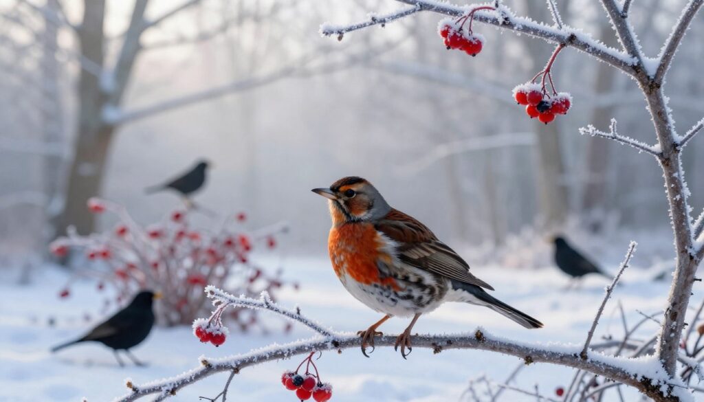 A serene winter scene featuring a vibrant "karmy owocowe kos" (fieldfare) perched on a frosty branch, surrounded by a landscape of snow-covered trees and scattered berries. The foreground captures the fieldfare with its distinctive plumage of brown and grey, showcasing its bright orange flanks. In the middle ground, glimpses of a bright redberry bush are visible, attracting other winter birds like the blackbird and thrush, blending into the cool winter atmosphere. The background reveals a soft, misty forest bathed in soft, diffused sunlight, casting gentle shadows. The mood is tranquil and reflective, emphasizing the beauty of winter wildlife. The image is framed using a slight upward angle to create a sense of depth and wonder in the scene. A serene winter scene featuring a vibrant "karmy owocowe kos" (fieldfare) perched on a frosty branch, surrounded by a landscape of snow-covered trees and scattered berries. The foreground captures the fieldfare with its distinctive plumage of brown and grey, showcasing its bright orange flanks. In the middle ground, glimpses of a bright redberry bush are visible, attracting other winter birds like the blackbird and thrush, blending into the cool winter atmosphere. The background reveals a soft, misty forest bathed in soft, diffused sunlight, casting gentle shadows. The mood is tranquil and reflective, emphasizing the beauty of winter wildlife. The image is framed using a slight upward angle to create a sense of depth and wonder in the scene.