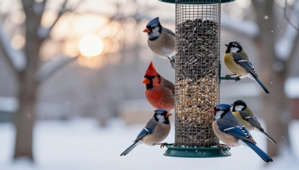 A serene winter scene focusing on a bird feeder filled with various types of sunflower seeds: hulled, black oil, and mixed seeds. In the foreground, several birds such as blue jays, cardinals, and finches are perched on the feeder, actively pecking at the seeds. The middle ground features a snowy landscape with bare trees, and gentle snowfall creates a tranquil atmosphere. The background includes a softly blurred winter sky, with hints of sunlight breaking through the clouds, casting a warm glow on the scene. The composition should capture the lively interaction between the birds and their food source, emphasizing the importance of providing nourishment during winter. The lighting should evoke a cozy, peaceful mood, showcasing the beauty of nature in a snowy setting.