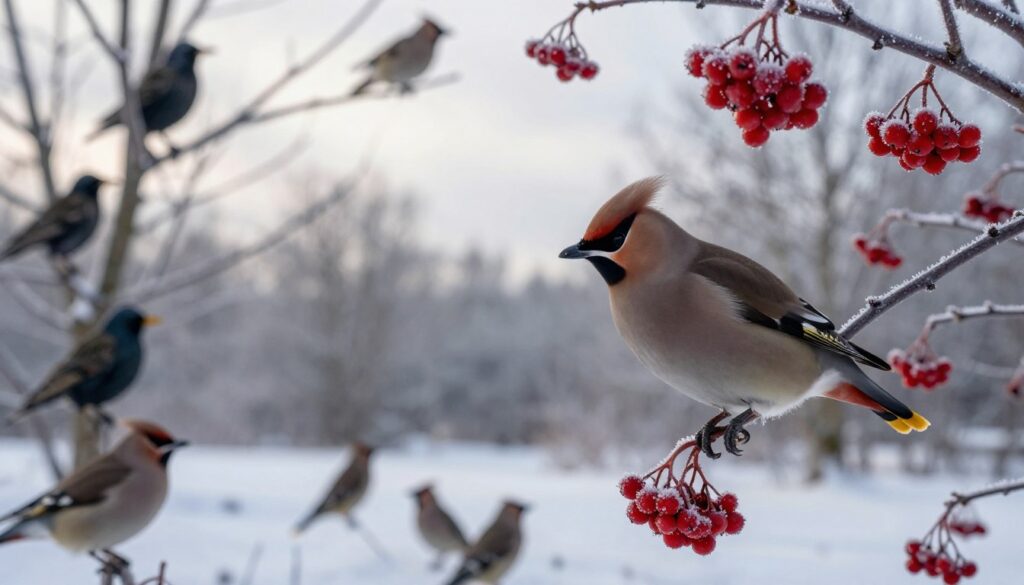 A serene winter scene in Poland featuring a variety of birds, such as thrushes, starlings, and waxwings, feeding on bright red rowan berries. In the foreground, a cluster of vibrant rowan berries hangs from a frost-covered branch, with a close-up of a waxwing delicately pecking at the fruit. The middle ground consists of a snowy landscape dotted with leafless trees, their branches glistening with frost. In the background, a soft, overcast sky diffuses a gentle light, creating a tranquil atmosphere. Captured with a 50mm lens to emphasize the birds and berries while softly blurring the background, the composition evokes the calmness of winter and the essential survival of wildlife during the colder months.