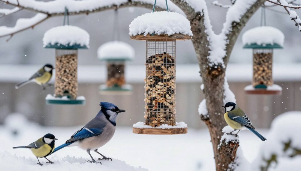 A serene winter scene in a snowy backyard, featuring a variety of birds gathered around a rustic wooden bird feeder filled with diverse seeds and nuts. In the foreground, a cheerful blue jay and a small tufted titmouse, with plump bodies and vibrant plumage, are seen feasting. The middle ground showcases a collection of bird feeders hanging from a snow-laden tree, surrounded by a soft blanket of white snow. In the background, delicate flakes fall gently from a pale grey sky, creating a calm and peaceful atmosphere. The lighting is soft and diffused, evoking the tranquility of a chilly winter day. The focus is on the birds and feeders, inviting warmth to the cold scene. A serene winter scene in a snowy backyard, featuring a variety of birds gathered around a rustic wooden bird feeder filled with diverse seeds and nuts. In the foreground, a cheerful blue jay and a small tufted titmouse, with plump bodies and vibrant plumage, are seen feasting. The middle ground showcases a collection of bird feeders hanging from a snow-laden tree, surrounded by a soft blanket of white snow. In the background, delicate flakes fall gently from a pale grey sky, creating a calm and peaceful atmosphere. The lighting is soft and diffused, evoking the tranquility of a chilly winter day. The focus is on the birds and feeders, inviting warmth to the cold scene.