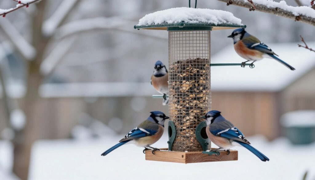 A serene winter scene of a well-maintained bird feeder in a snowy backyard, capturing the essence of bird feeding practices. In the foreground, a beautiful wooden karmnik (bird feeder) filled with various seeds, attracting colorful birds like blue jays and finches. In the middle, a few birds delicately perched on the feeder and nearby branches, showcasing a sense of calm and regularity in feeding. The background features lightly frosted trees and a soft, overcast sky that gives a gentle light, enhancing the tranquil atmosphere. The composition should focus on the feeding activity, emphasizing order and cleanliness around the feeder, with a lens effect that subtly blurs the distant trees, drawing attention to the birds and the feeder. A serene winter scene of a well-maintained bird feeder in a snowy backyard, capturing the essence of bird feeding practices. In the foreground, a beautiful wooden karmnik (bird feeder) filled with various seeds, attracting colorful birds like blue jays and finches. In the middle, a few birds delicately perched on the feeder and nearby branches, showcasing a sense of calm and regularity in feeding. The background features lightly frosted trees and a soft, overcast sky that gives a gentle light, enhancing the tranquil atmosphere. The composition should focus on the feeding activity, emphasizing order and cleanliness around the feeder, with a lens effect that subtly blurs the distant trees, drawing attention to the birds and the feeder.