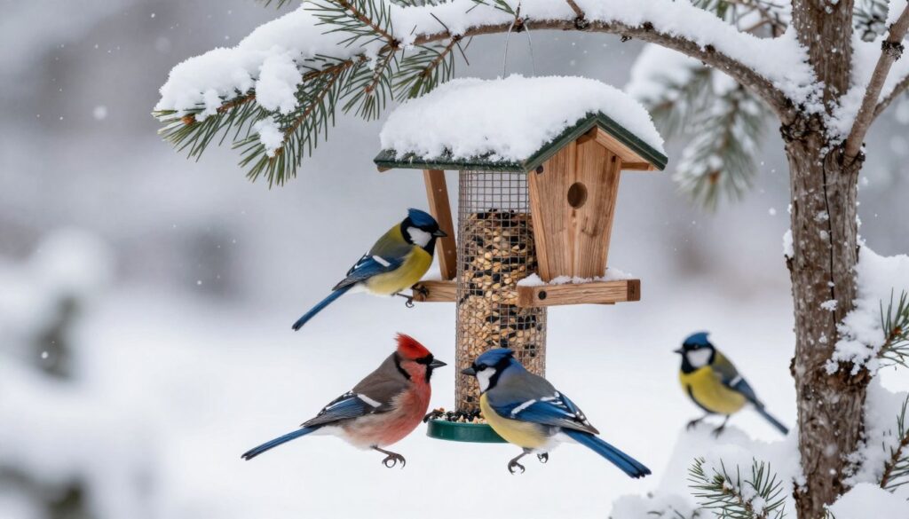 A serene winter scene showcasing a variety of birds feeding at a bird feeder filled with seeds and grains. In the foreground, colorful birds like blue jays and cardinals pecking at the feeder, their feathers vividly contrasting against the white snow. The middle layer features a rustic wooden bird feeder hanging from a snow-laden branch, surrounded by pine trees dusted with snow. In the background, a gentle snowfall adds a soft, tranquil atmosphere, with a muted winter sky creating a peaceful ambiance. The lighting is soft and diffused, emulating the early morning light. Capture the lively yet calm interaction of the birds in their natural winter habitat, evoking a sense of warmth and connection to nature.