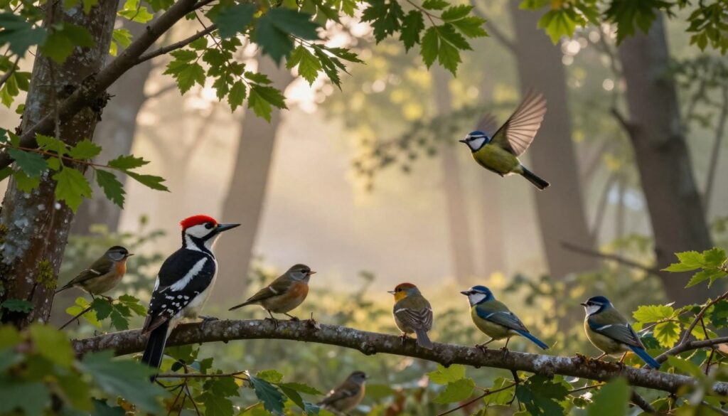 A serene woodland scene at dawn, showcasing various birds perched on branches amidst lush green leaves. The foreground includes a colorful woodpecker with a vibrant red crown, and a blue tit fluttering nearby, both in clear view. In the middle ground, a soft glow of morning light filters through the trees, casting gentle shadows on a variety of songbirds, including finches and warblers, in harmonious postures as they emit distinct whistles and calls. The background features blurred silhouettes of tall trees, with hints of a misty horizon. The atmosphere is tranquil and inviting, evoking a sense of peace and connection with nature. The colors are warm and natural, emphasizing the beauty of the early morning. A serene woodland scene at dawn, showcasing various birds perched on branches amidst lush green leaves. The foreground includes a colorful woodpecker with a vibrant red crown, and a blue tit fluttering nearby, both in clear view. In the middle ground, a soft glow of morning light filters through the trees, casting gentle shadows on a variety of songbirds, including finches and warblers, in harmonious postures as they emit distinct whistles and calls. The background features blurred silhouettes of tall trees, with hints of a misty horizon. The atmosphere is tranquil and inviting, evoking a sense of peace and connection with nature. The colors are warm and natural, emphasizing the beauty of the early morning.