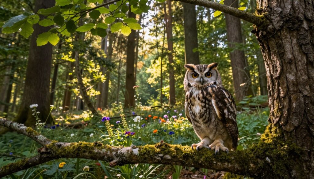 A serene woodland scene showcasing an enchanting owl in its natural habitat. In the foreground, a beautifully detailed Eurasian owl perched on a moss-covered branch, its large, expressive eyes staring directly at the viewer. The middle ground features gentle dappled sunlight filtering through the lush green canopy of leaves, casting soft shadows. A few colorful wildflowers dot the scene, adding vibrancy. In the background, tall trees rise majestically, creating a sense of depth, with hints of soft, blurred foliage enhancing the overall atmosphere. The lighting is warm and inviting, captured in a slightly elevated angle that mimics the perspective of an observer peering into the secretive world of the forest. The mood is tranquil and mysterious, embodying the fascinating essence of owls in Poland.