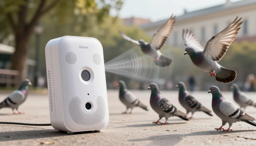 A sleek, modern ultrasonic bird repeller is positioned prominently in the foreground, showcasing intricate details such as speakers and sensors, gleaming under a soft, diffused daylight. In the middle ground, a flock of pigeons is depicted, looking startled and flying away in response to the ultrasonic waves emitted from the device. The background features a serene urban environment, with trees and buildings softly blurred to emphasize the action in the foreground. The lighting is bright yet gentle, casting natural shadows that highlight the texture of the device and the feathers of the birds. The overall atmosphere is dynamic yet calm, capturing the effectiveness of ultrasonic technology in bird deterrence. A sleek, modern ultrasonic bird repeller is positioned prominently in the foreground, showcasing intricate details such as speakers and sensors, gleaming under a soft, diffused daylight. In the middle ground, a flock of pigeons is depicted, looking startled and flying away in response to the ultrasonic waves emitted from the device. The background features a serene urban environment, with trees and buildings softly blurred to emphasize the action in the foreground. The lighting is bright yet gentle, casting natural shadows that highlight the texture of the device and the feathers of the birds. The overall atmosphere is dynamic yet calm, capturing the effectiveness of ultrasonic technology in bird deterrence.