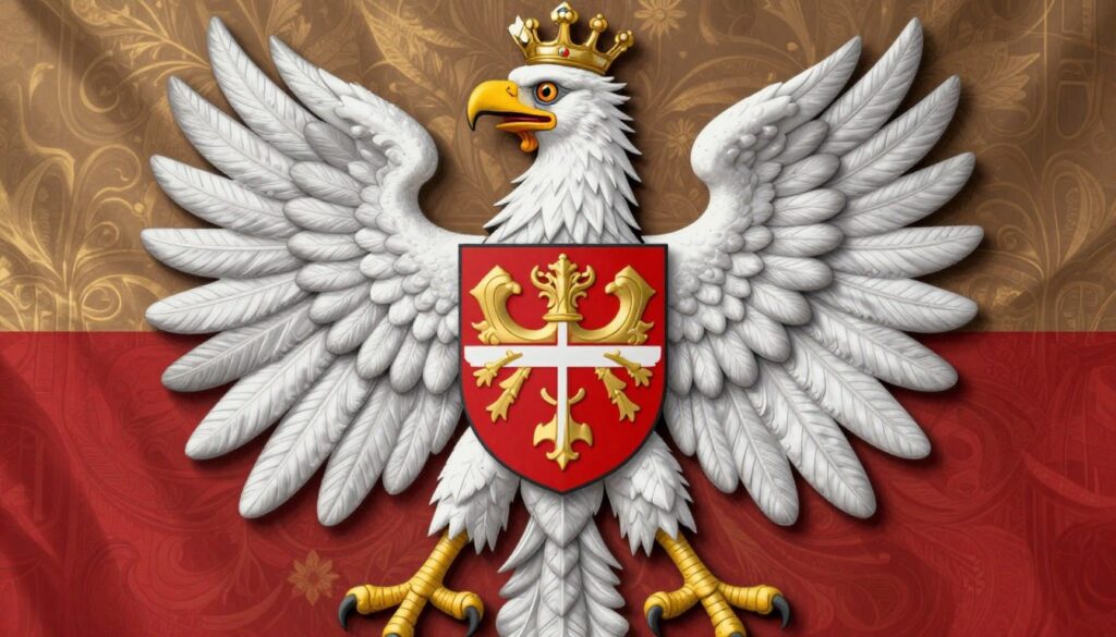 A stunning depiction of the Polish coat of arms featuring a majestic white eagle against a richly detailed heraldic background. In the foreground, the eagle is portrayed with outstretched wings, showcasing its powerful stance and intricate feather textures. The middle layer presents a vibrant shield adorned with gold and red accents, emphasizing its royal heritage. The background features a subtle blend of rich fabrics that symbolize Polish history, softly illuminated by golden light to evoke a sense of nobility and tradition. The overall mood is one of pride and reverence, captured from a slightly elevated angle to highlight the grandeur of the emblem.