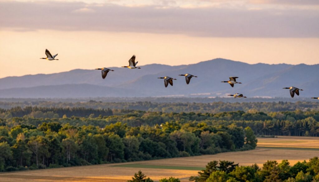A stunning visual of migratory birds expertly navigating during their flight south for the winter. In the foreground, a flock of various bird species gracefully soars through the sky, showcasing their vibrant feathers in mid-flight. The middle layer highlights a vast landscape with rich green forests transitioning into golden fields, symbolizing different habitats. In the background, serene mountains and a pastel sunset create a warm, inviting atmosphere, casting a soft golden light over the scene. The perspective is slightly elevated to capture the dynamic movement of the birds against a tapestry of nature, illustrating the instinctual navigation process. The overall mood evokes a sense of wonder and tranquility, emphasizing the mystique of avian migration without any text or distractions.