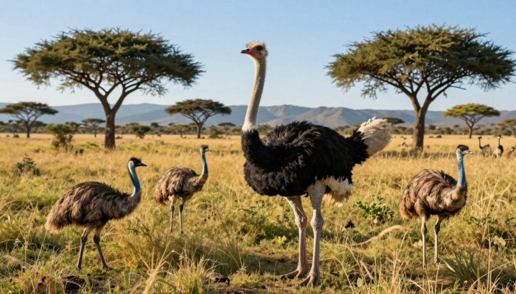 A stunning visual of the heaviest bird species, set against a natural landscape. In the foreground, a majestic ostrich stands proudly, showcasing its impressive size and unique plumage, while a few other large birds like the emu and cassowary are nearby, highlighting their differences in mass and appearance. The middle ground features a lush savanna with tall grass and scattered acacia trees, bathed in golden sunlight that casts long shadows, creating a warm and inviting atmosphere. The background reveals distant mountains under a clear blue sky. Shot with a wide-angle lens to emphasize the scale of the birds in relation to their environment, the image evokes a sense of awe and wonder at the beauty and diversity of the avian world. A stunning visual of the heaviest bird species, set against a natural landscape. In the foreground, a majestic ostrich stands proudly, showcasing its impressive size and unique plumage, while a few other large birds like the emu and cassowary are nearby, highlighting their differences in mass and appearance. The middle ground features a lush savanna with tall grass and scattered acacia trees, bathed in golden sunlight that casts long shadows, creating a warm and inviting atmosphere. The background reveals distant mountains under a clear blue sky. Shot with a wide-angle lens to emphasize the scale of the birds in relation to their environment, the image evokes a sense of awe and wonder at the beauty and diversity of the avian world.