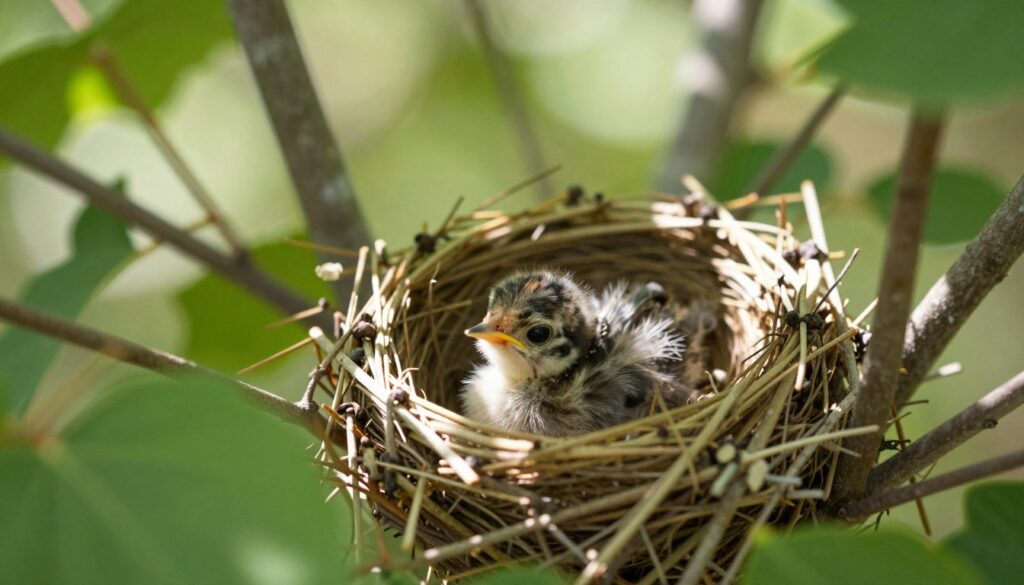 A tender scene in a natural setting featuring a small bird nest cradling a vulnerable chick, nestled among soft, green leaves and delicate twigs. In the foreground, the nest is detailed with light brown twigs and feathers, softly illuminated by warm sunlight filtering through the foliage above, casting gentle shadows. The middle ground shows blurred twigs and blurred hints of surrounding plants, enhancing the focus on the chick in the nest. In the background, hints of a lush forest create a calm and nurturing atmosphere. The mood is serene and hopeful, reflecting the beauty and fragility of nature. The image should have a soft focus, resembling a close-up photograph taken with a 50mm lens under natural light. A tender scene in a natural setting featuring a small bird nest cradling a vulnerable chick, nestled among soft, green leaves and delicate twigs. In the foreground, the nest is detailed with light brown twigs and feathers, softly illuminated by warm sunlight filtering through the foliage above, casting gentle shadows. The middle ground shows blurred twigs and blurred hints of surrounding plants, enhancing the focus on the chick in the nest. In the background, hints of a lush forest create a calm and nurturing atmosphere. The mood is serene and hopeful, reflecting the beauty and fragility of nature. The image should have a soft focus, resembling a close-up photograph taken with a 50mm lens under natural light.