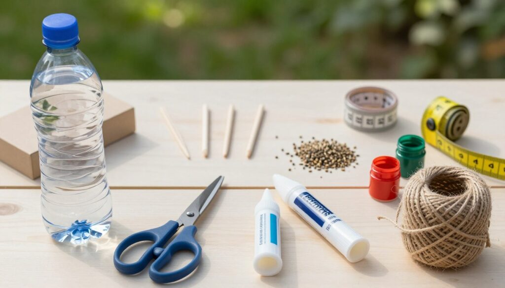 A top-down view of an assortment of materials and tools laid out for crafting a bird feeder from a plastic bottle. In the foreground, highlight a transparent plastic bottle with a well-defined shape, alongside a pair of scissors, strong adhesive, twine for hanging, and colorful paint for decoration. In the middle, include additional items such as small wooden dowels, seeds for birds, and a measuring tape, arranged neatly for organized visual appeal. The background features soft-focus greenery, suggesting an outdoor setting, and natural lighting enhances warmth and a serene atmosphere. Ideal depth of field captures the details of the tools with a slight blur on the background, evoking a sense of creativity and preparation.