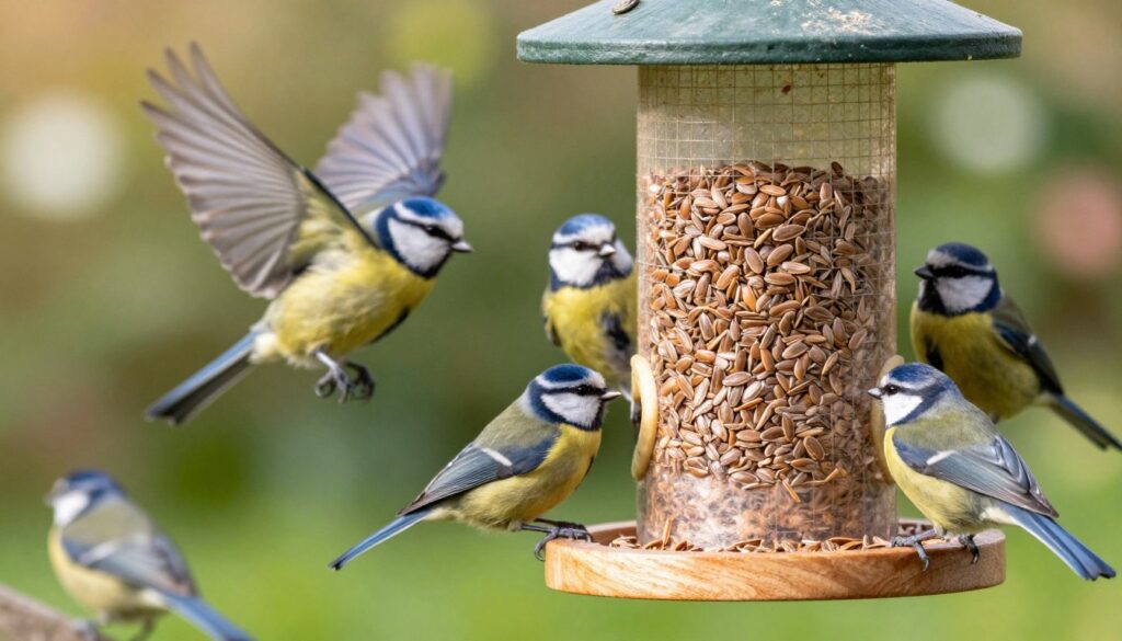 A vibrant bird feeder crafted from natural wood is prominently displayed in the foreground, filled with golden brown flax seeds, specifically the ones meant for birds, showcasing their unique texture. In the middle ground, a variety of colorful birds, including blue tits and finches, are perched around the feeder, joyfully pecking at the seeds and flying in mid-action. The background features a lush green garden with soft bokeh effects, bathed in warm, soft natural light, capturing the inviting essence of a peaceful feeding habitat. The scene conveys a sense of harmony and nurturing, focusing on birds benefiting from the nutritious seed, illustrating the theme of providing flax seeds in bird feeders. A vibrant bird feeder crafted from natural wood is prominently displayed in the foreground, filled with golden brown flax seeds, specifically the ones meant for birds, showcasing their unique texture. In the middle ground, a variety of colorful birds, including blue tits and finches, are perched around the feeder, joyfully pecking at the seeds and flying in mid-action. The background features a lush green garden with soft bokeh effects, bathed in warm, soft natural light, capturing the inviting essence of a peaceful feeding habitat. The scene conveys a sense of harmony and nurturing, focusing on birds benefiting from the nutritious seed, illustrating the theme of providing flax seeds in bird feeders.