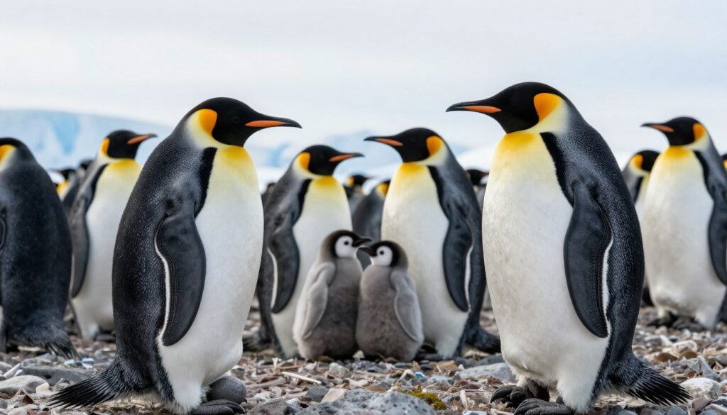 A vibrant, close-up view of a lively colony of penguins nestled on a rocky Antarctic shoreline. In the foreground, several adult penguins are seen huddled together, displaying their distinctive black and white plumage while attentively guarding their eggs. The middle ground features a mix of penguin pairs nurturing their young chicks, creating a heartwarming scene of monogamous bonds. The background showcases a stunning icy landscape with soft, diffused sunlight illuminating the scene, casting gentle shadows that highlight the penguins’ textures. The overall mood is one of warmth and community amidst the cold, capturing the essence of social life and parental care among these unique birds. The composition should be framed from a slight low angle to emphasize the penguins in their natural habitat. A vibrant, close-up view of a lively colony of penguins nestled on a rocky Antarctic shoreline. In the foreground, several adult penguins are seen huddled together, displaying their distinctive black and white plumage while attentively guarding their eggs. The middle ground features a mix of penguin pairs nurturing their young chicks, creating a heartwarming scene of monogamous bonds. The background showcases a stunning icy landscape with soft, diffused sunlight illuminating the scene, casting gentle shadows that highlight the penguins’ textures. The overall mood is one of warmth and community amidst the cold, capturing the essence of social life and parental care among these unique birds. The composition should be framed from a slight low angle to emphasize the penguins in their natural habitat.