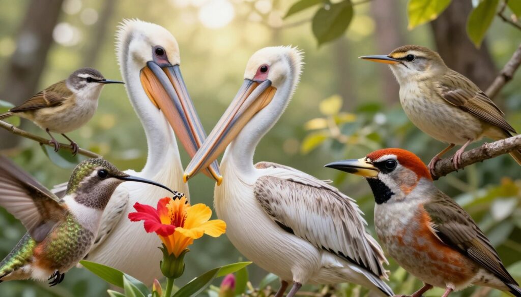 A vibrant, detailed collage of various bird beaks, showcasing their unique adaptations for feeding, set against a serene natural backdrop. In the foreground, include a hummingbird with a long, curved beak sipping nectar from a brightly colored flower, next to a robust finch with a strong, conical beak, cracking seeds. The middle ground features a pelican with its large, scoop-shaped bill, contrasting with a delicate warbler with a slender, pointed beak for catching insects. In the background, depict a lush forest with gentle sunlight filtering through the leaves, creating a warm, inviting atmosphere. Use a soft focus effect to highlight the birds while maintaining sharp details on their distinctive beak shapes and textures, emphasizing their evolutionary traits. A vibrant, detailed collage of various bird beaks, showcasing their unique adaptations for feeding, set against a serene natural backdrop. In the foreground, include a hummingbird with a long, curved beak sipping nectar from a brightly colored flower, next to a robust finch with a strong, conical beak, cracking seeds. The middle ground features a pelican with its large, scoop-shaped bill, contrasting with a delicate warbler with a slender, pointed beak for catching insects. In the background, depict a lush forest with gentle sunlight filtering through the leaves, creating a warm, inviting atmosphere. Use a soft focus effect to highlight the birds while maintaining sharp details on their distinctive beak shapes and textures, emphasizing their evolutionary traits.
