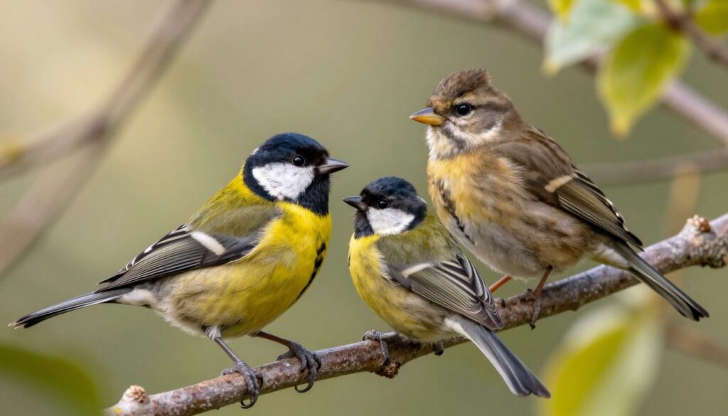 A vibrant, detailed illustration of a male and female Eurasian siskin (Spinus spinus) alongside a juvenile, showcasing their distinct plumage. In the foreground, highlight the male with bright yellow and black markings, exhibiting its bold features, perched on a delicate branch. The female, in soft brown and yellow hues, is nearby, displaying her more subdued colors yet elegant form. The juvenile is depicted with a mix of both parents' traits, hinting at its developmental stage. In the background, a softly blurred garden scene provides a natural habitat, with gentle sunlight filtering through leaves, creating dappled light. This serene environment emphasizes the birds' beauty and contrasts their varying plumage. Utilize a shallow depth of field, shot from a slight upward angle to capture their details and expressions, evoking a sense of tranquility and natural beauty.